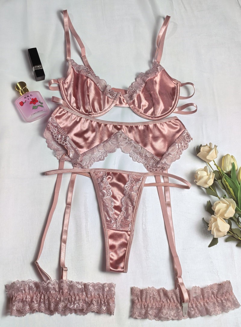 Vintage Satin Bra for Underwear Women Panties Garter Belt 3pc Set Bralette