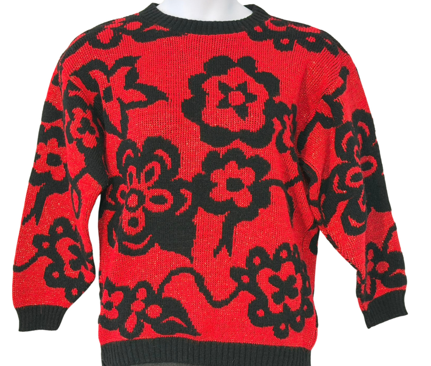 Vtg 80s Jolie Sz M-L Dropped Shoulder Sweater Acrylic-Lurex Knit Red & Black