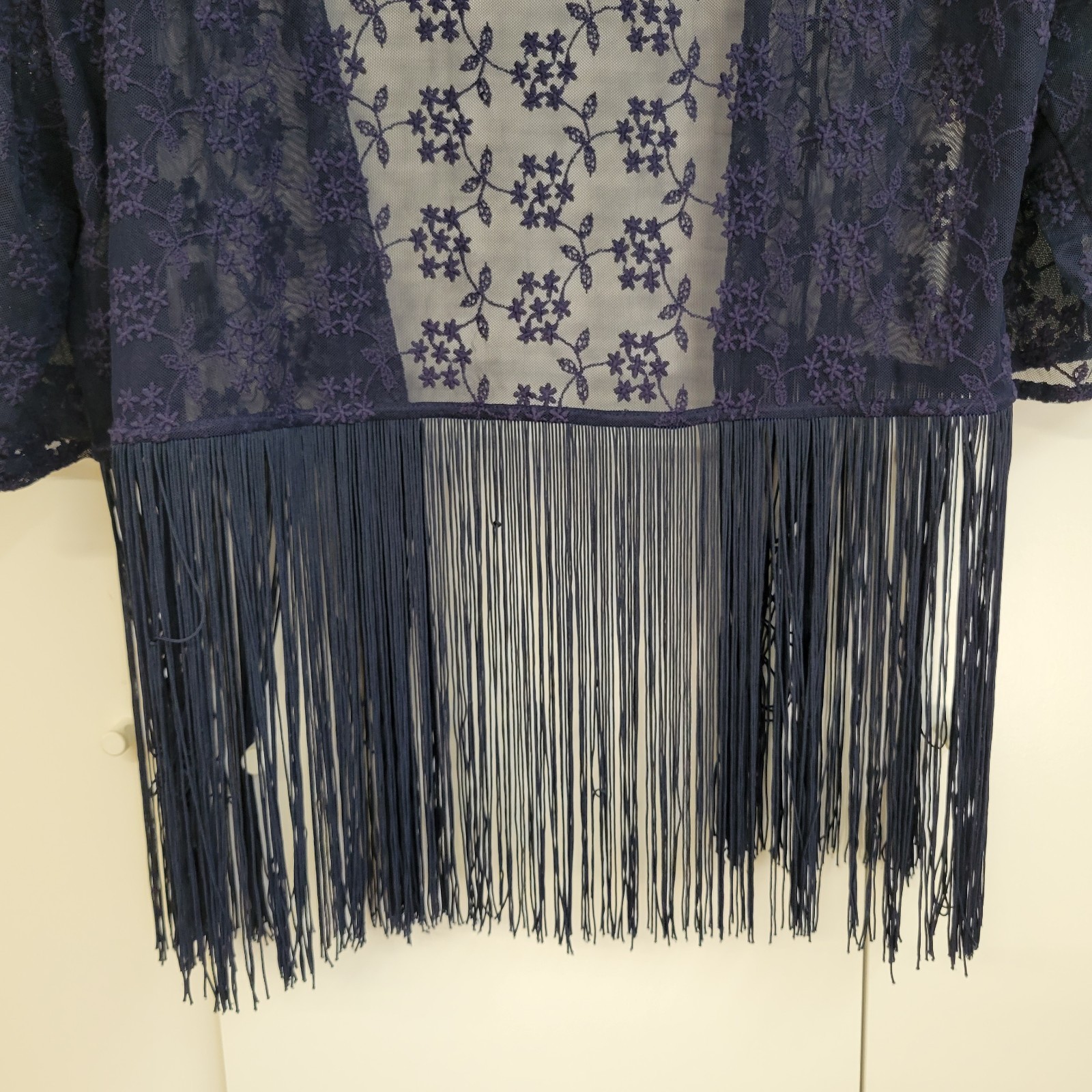 Boho Country Western Fringe Lace Cardigan, Women L, Dark Navy Blue, 3/4 Sleeve