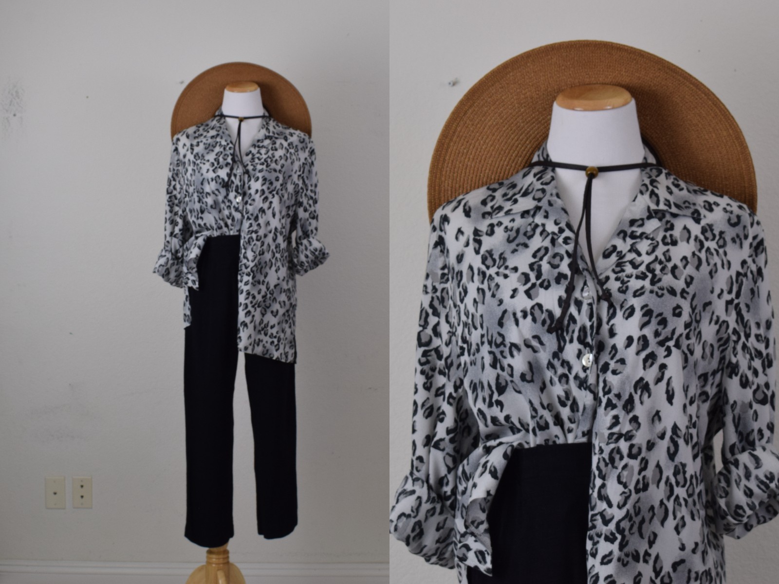 Vintage 90s Black and Gray Animal Print Viscose/Poly Blouse
