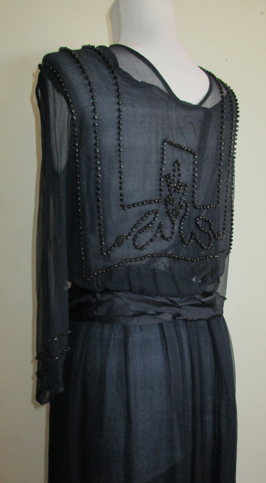 Vintage/Antique 1920’s Art Deco Black Silk Chiffon Jet Beaded Flapper Dress