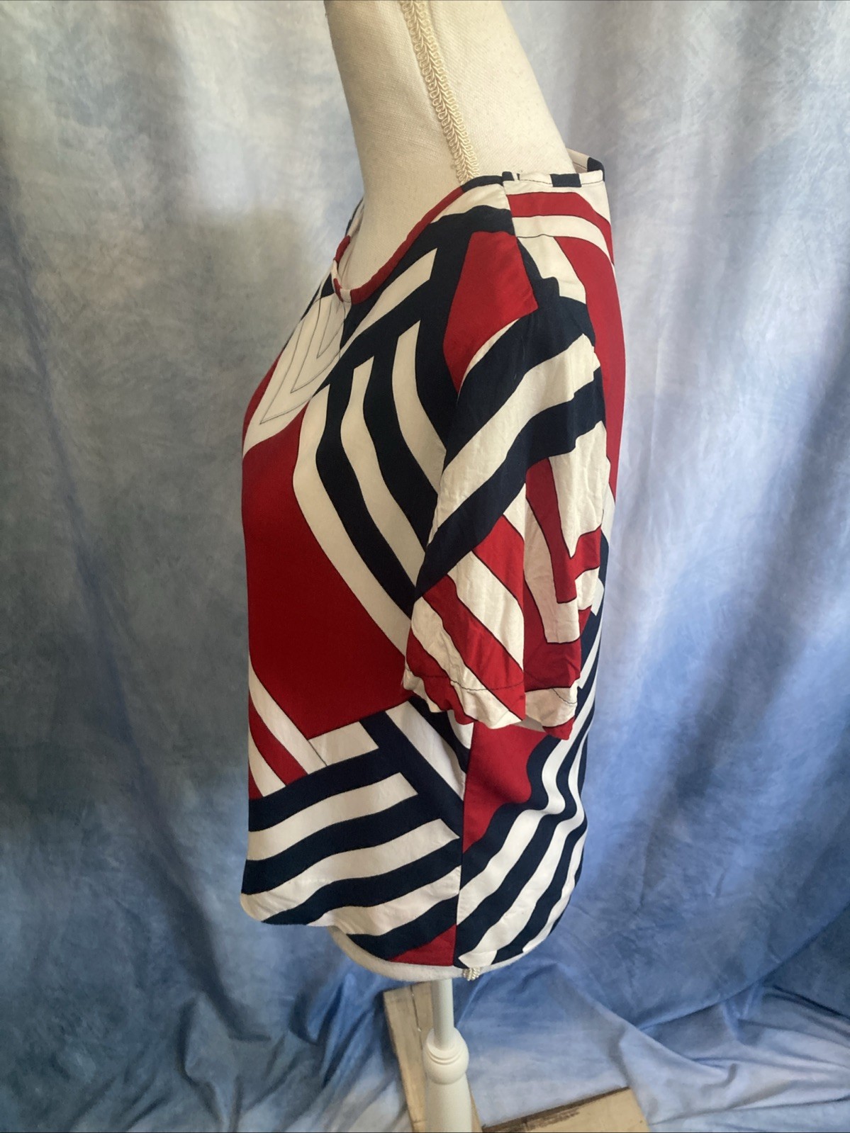 Vtg 80s 90s Blair Boutique Geometric Chevron Rayon Top Blouse XS Patriotic USA