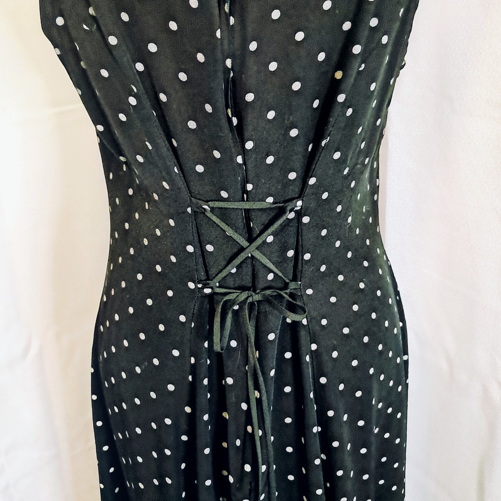 Vtg 90s Casual Corner Black Cream Polkadot Midi Dress Corset-Style Back 11/12