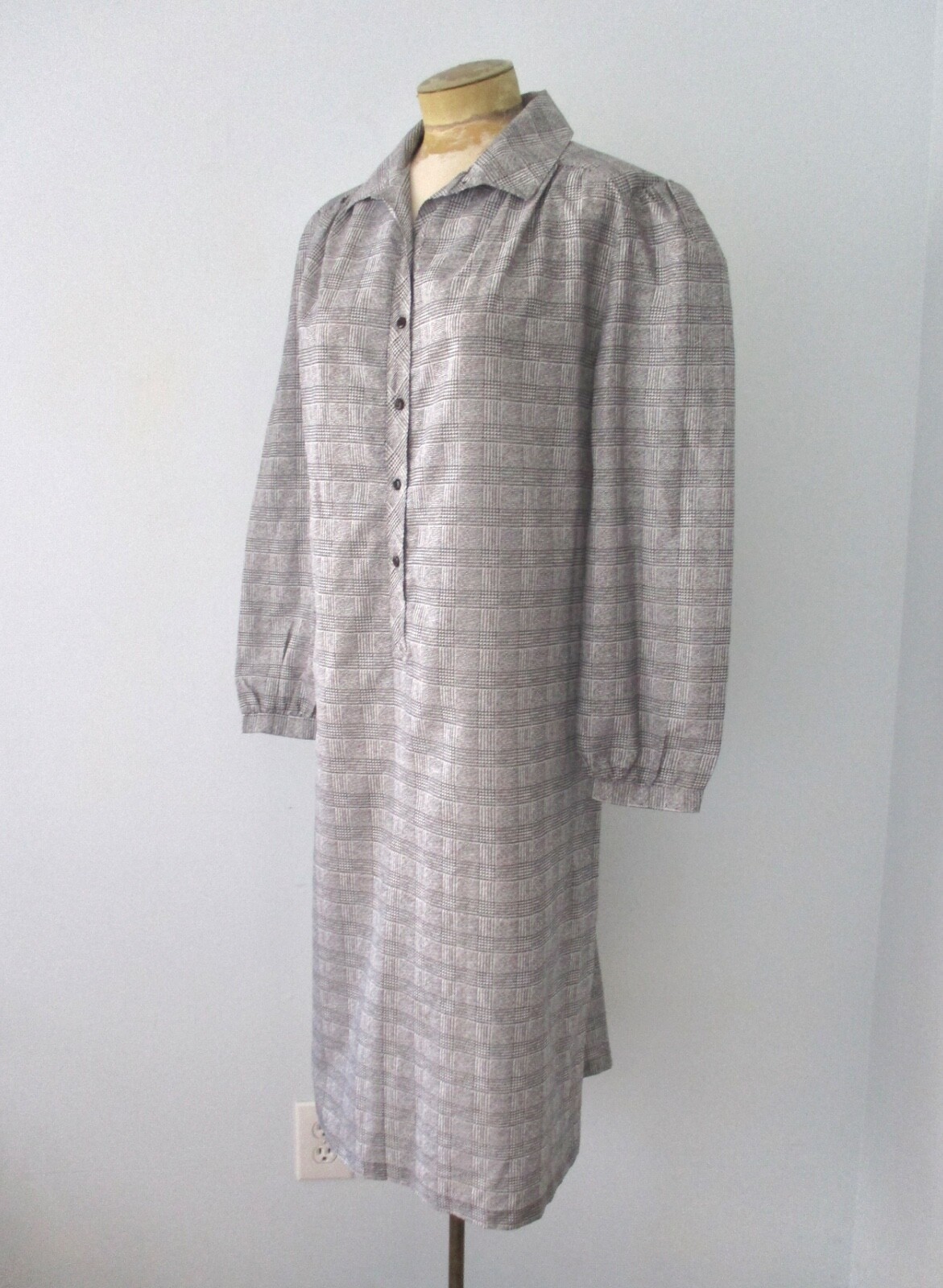 Vtg 70s Walden Black White Checker Plaid Silky Poly Secretary Shirt Dress USA 18