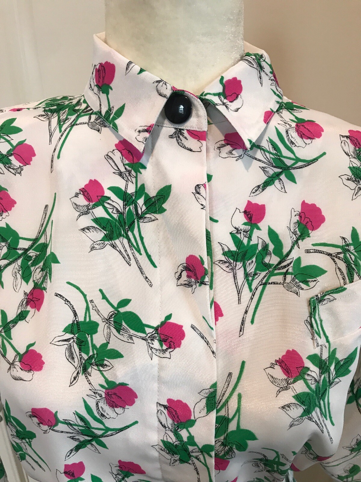 Leslie Fay Dress Size 10 White w/Roses Belt Pockets Long Sleeve Vtg Golden Girls