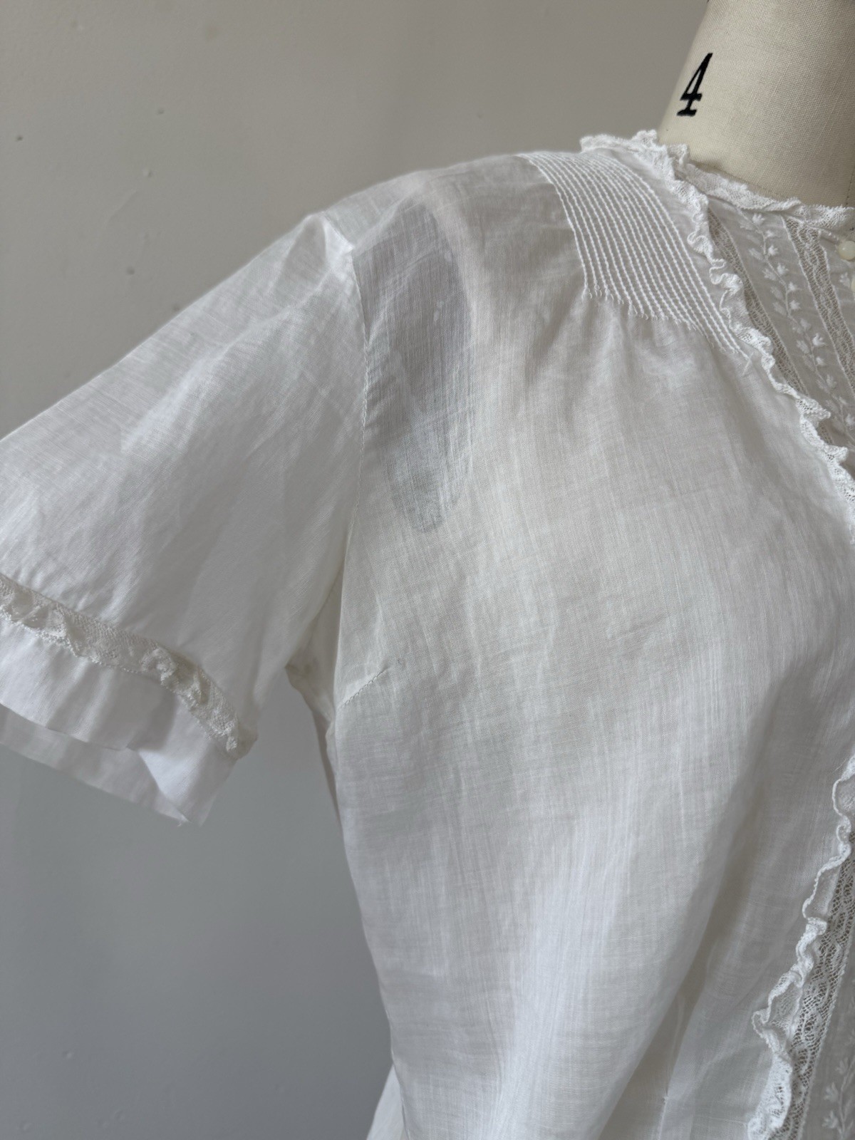 Antique Edwardian 1910s Sheer While Cotton Voile Blouse Embroidered Lace Panels