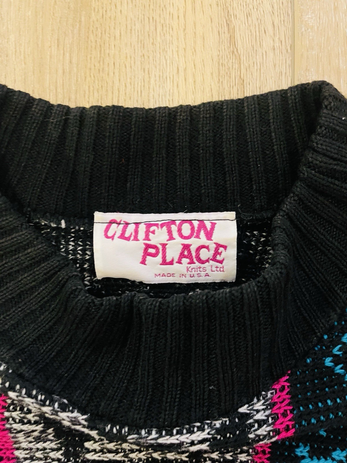 Vintage 1980s Womens Sweater Blue Pink Aztec Geometric Clifton Place Made In USA