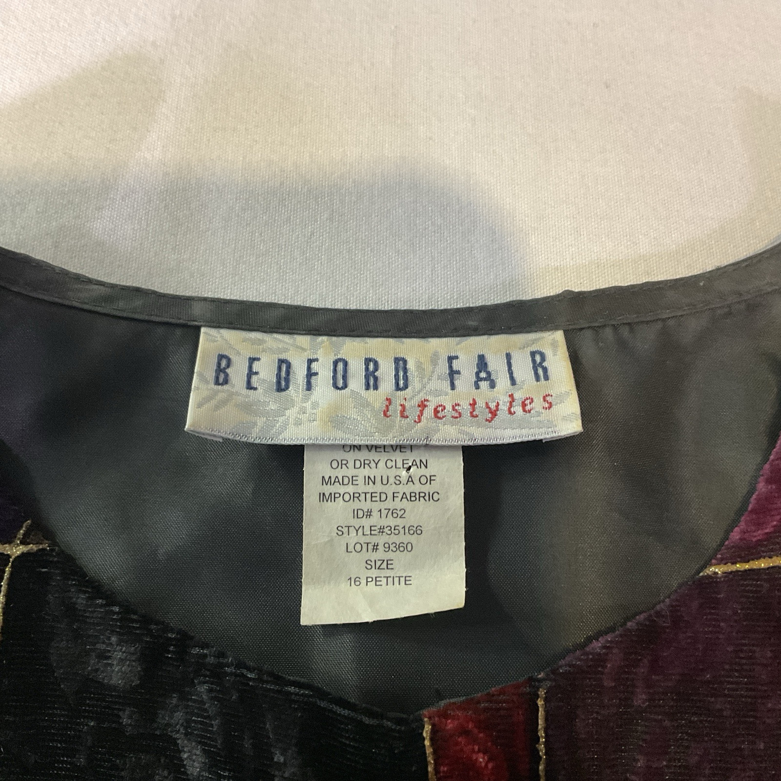 Vtg 90’s Bedford Fair Multicolor Velvet Patchwork Blouse Sheer Sleeves Sz 16P