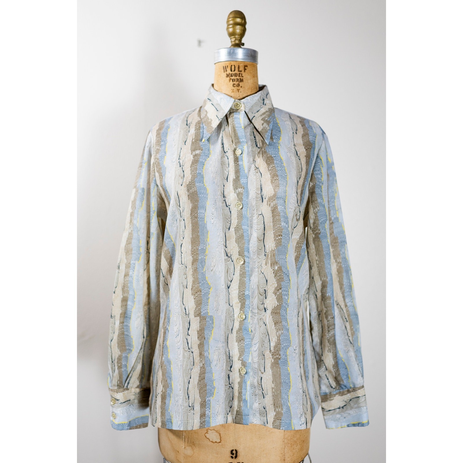Vintage 70s Blouse, Dagger Collar, Hippie Abstract Neutral Watercolor Shirt, Med