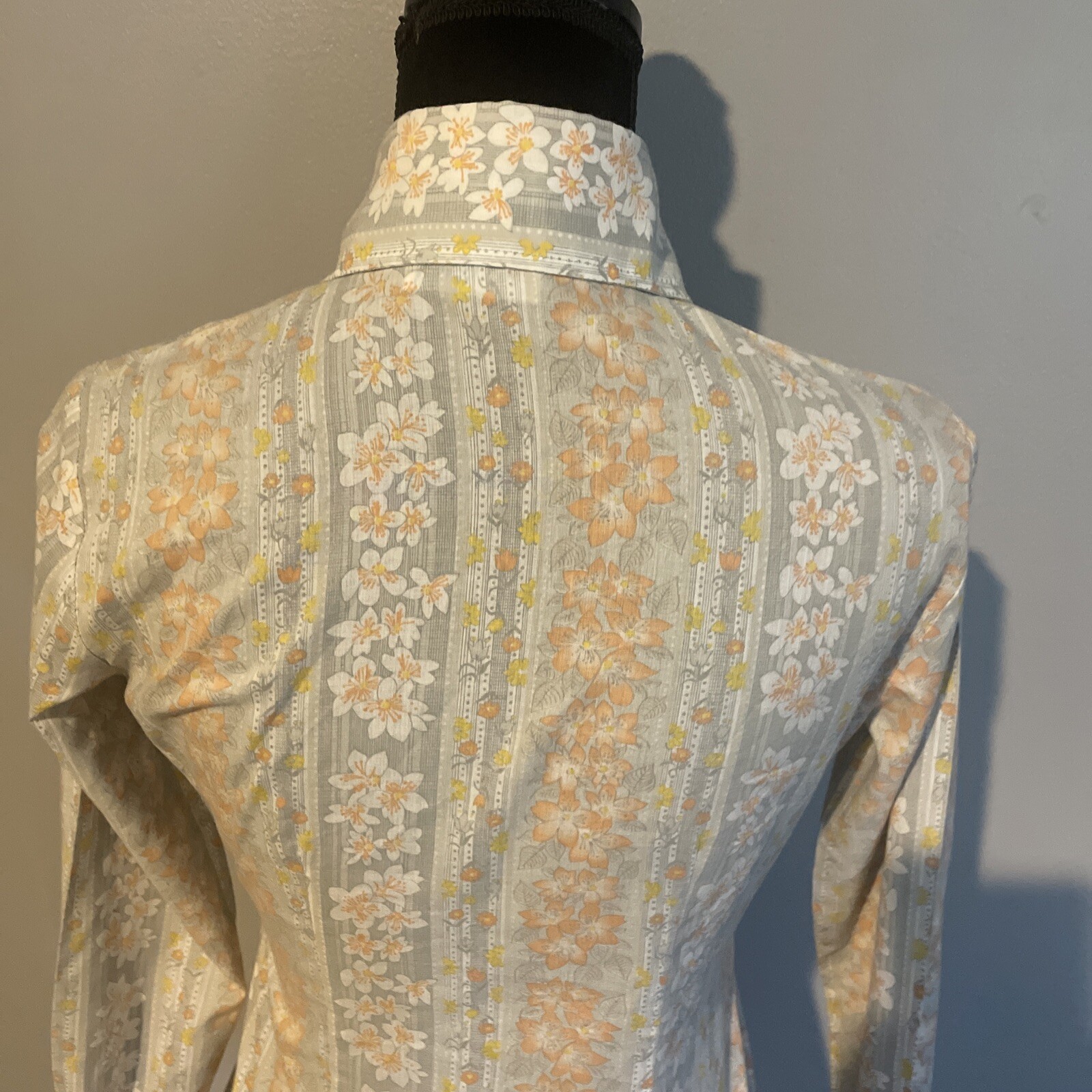 Vintage College Town Small Floral Stripe Button Down High Collared Blouse Top