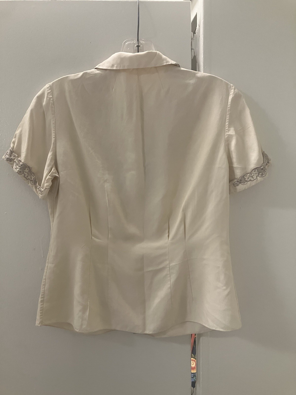 Vintage 40s 50s Ivory Taupe Embroidered Chinese Silk Blouse Top Womens Sz 34 XS
