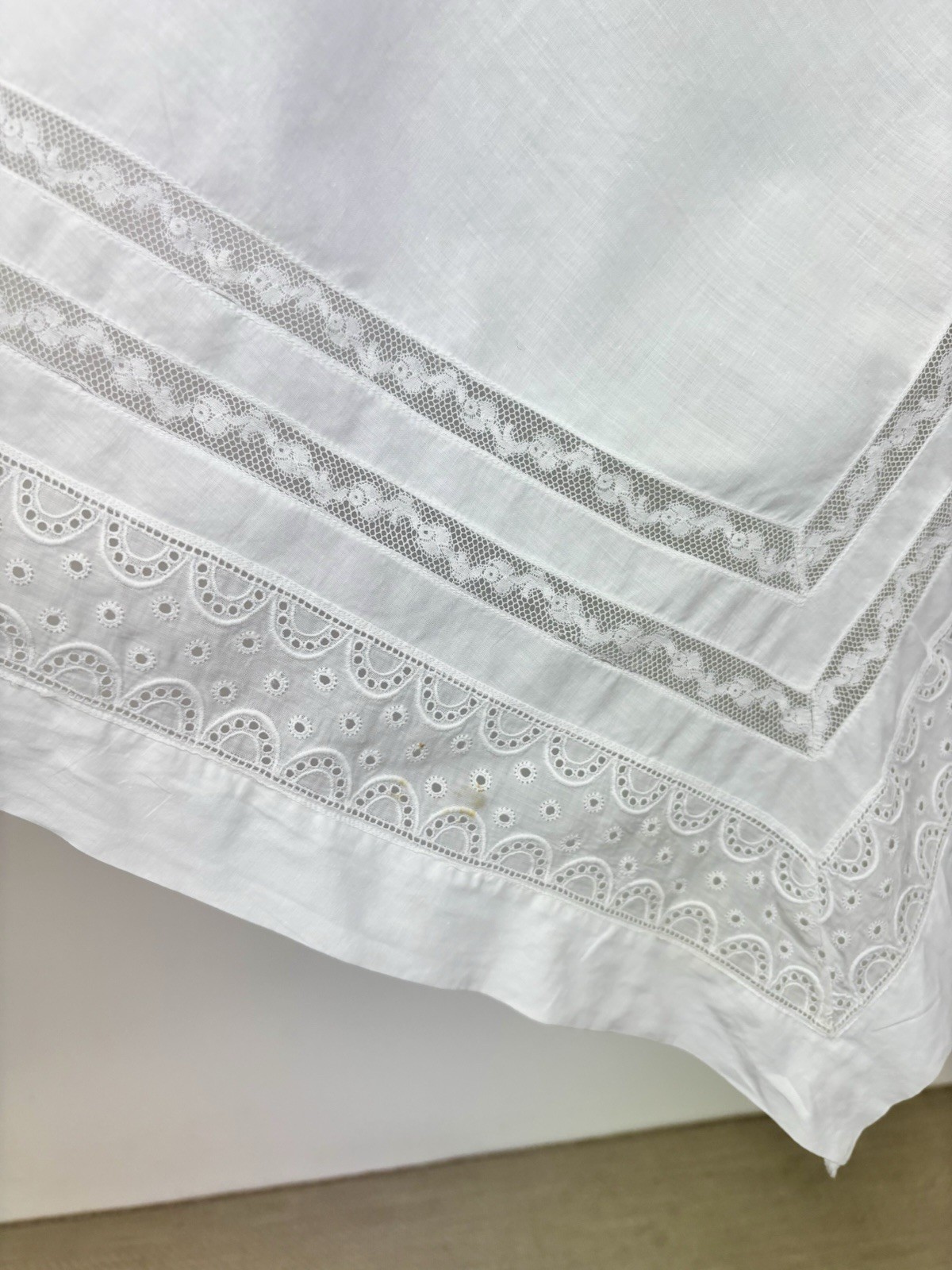 Antique Edwardian White Cotton Apron Lace Handkerchief Hem Missing Straps AS IS