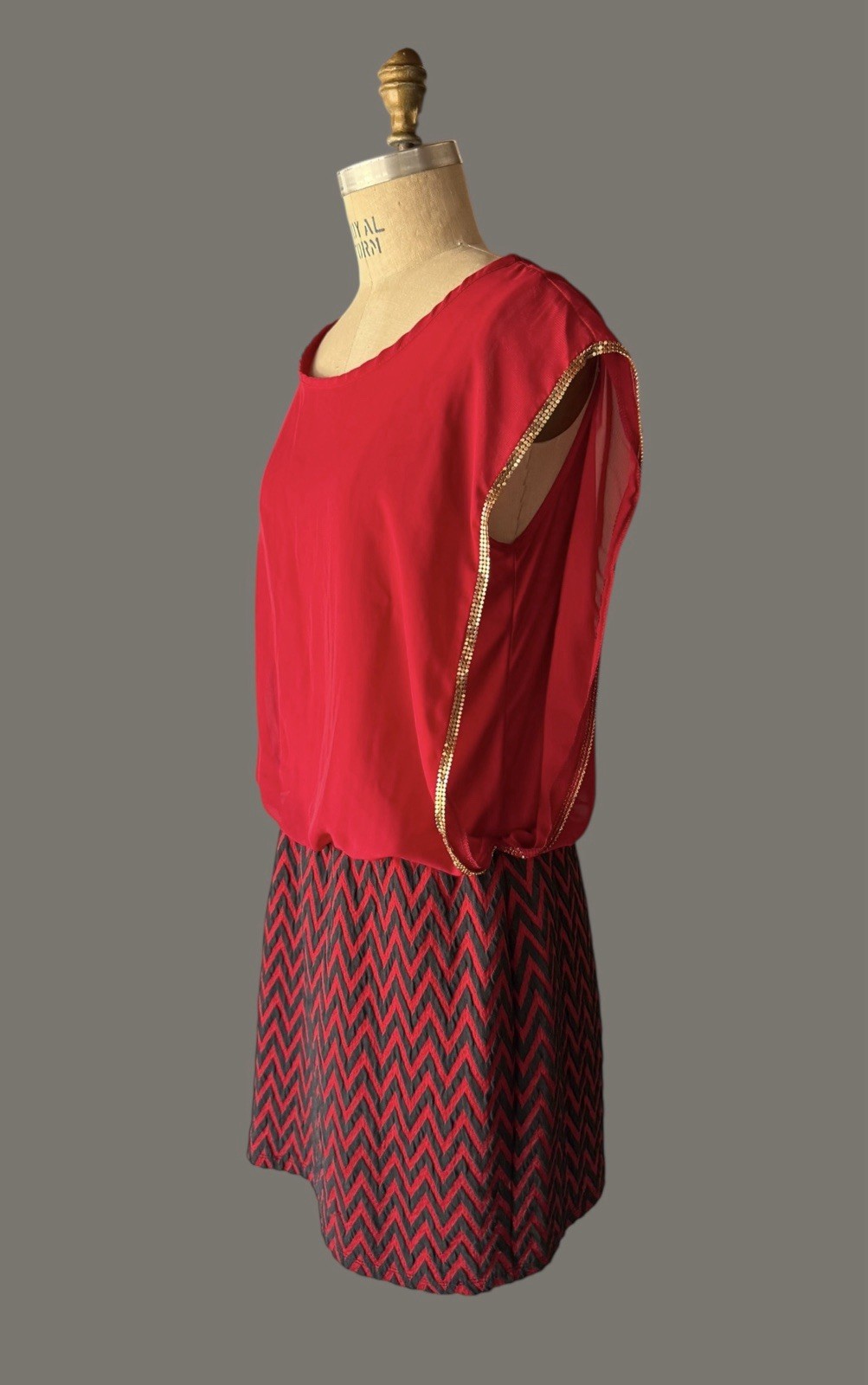 Vintage Celine by Champion Dress Red with Chevron Pattern Gold Trim
