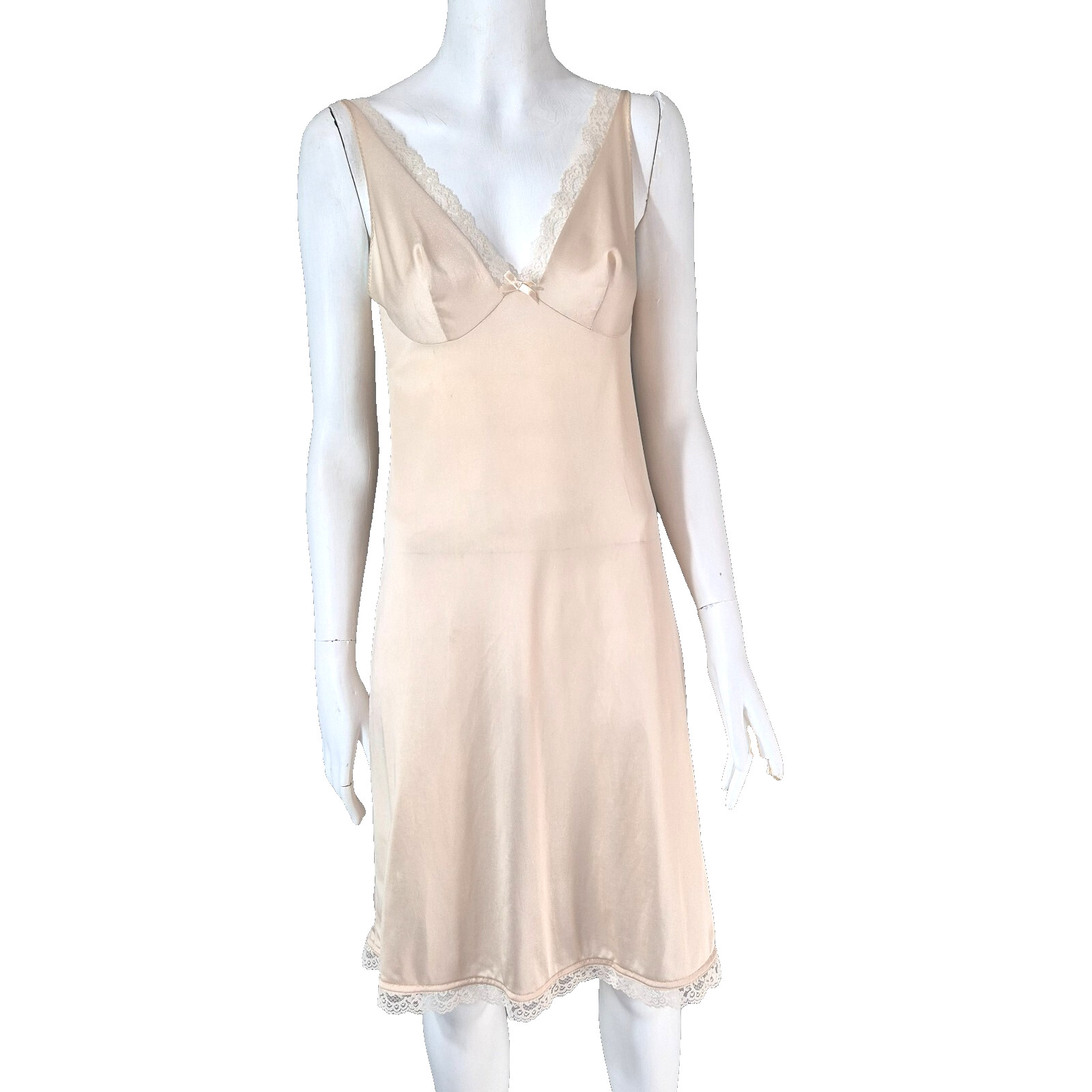 Vintage 1980s Slip Petticoat Lace Nylon Size 12 Straps Knee Length Beige