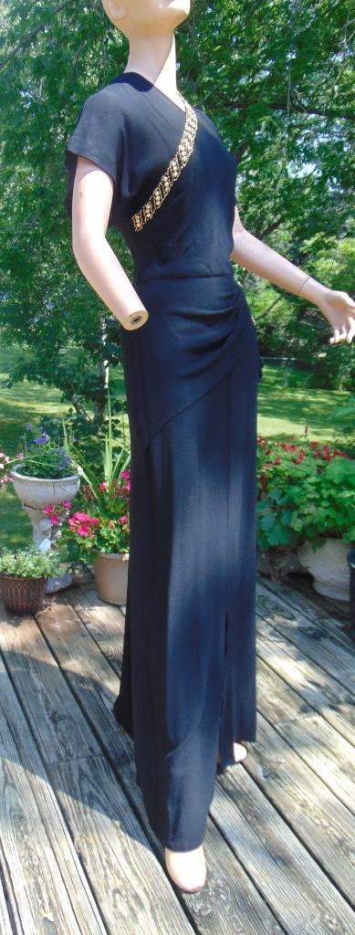 VTG 40s Ted Shore Design Black Crepe Draped & Studded Cocktail Dress 28W