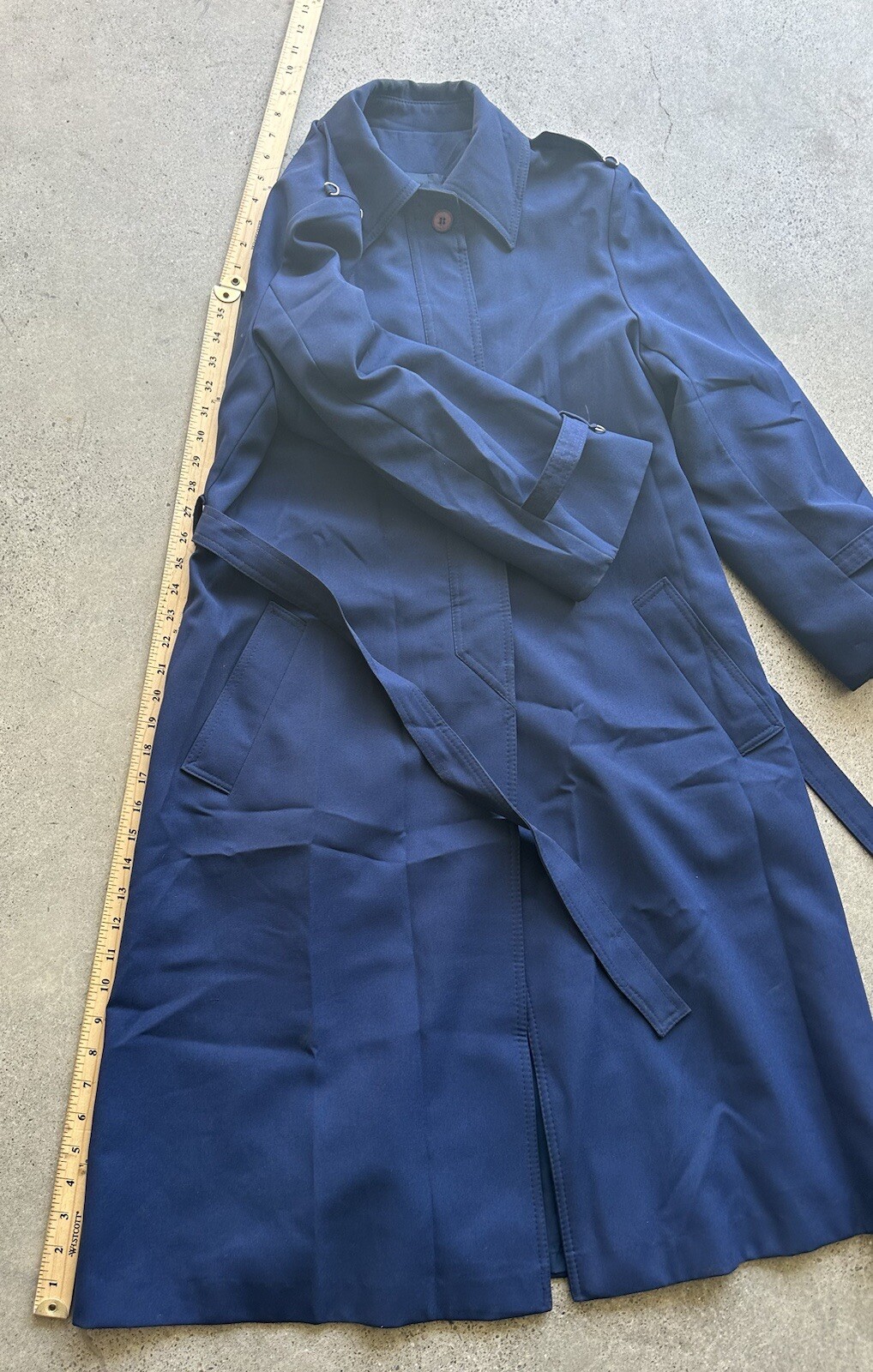 Vintage Jerold Navy Blue 2-Pocket Button-Up Collared Overcoat Trench Coat w Belt