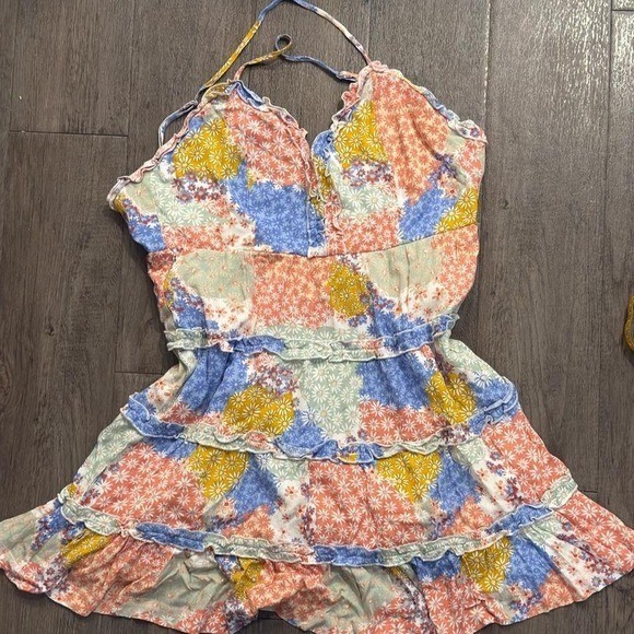 Boho multicolored halter floral patchwork tiered fairy mini dress size xl