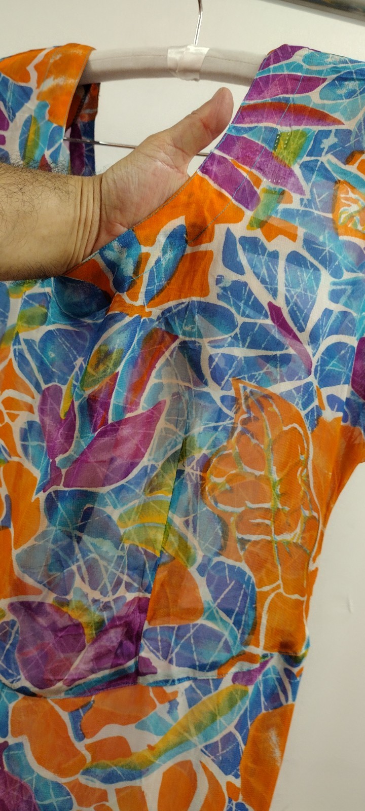 Vintage Sheer Midi Orange Dress Blue Rayon Sundress Sleeve Flowy S/M New 90s Tag