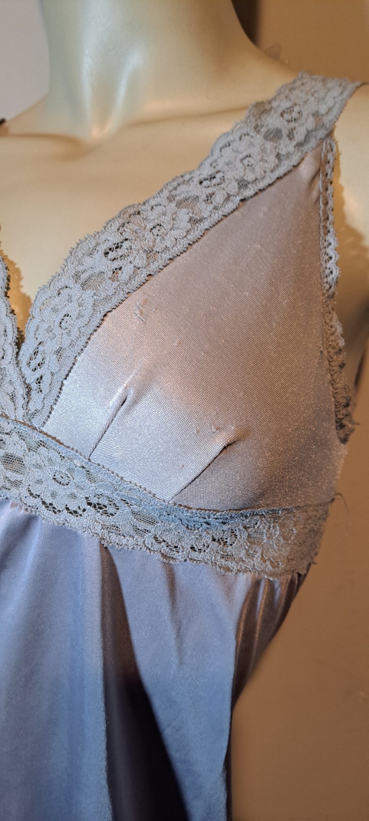 Stunning Silver Grey Vtg Full Slip Nightgown Stretch Lace Straps 34 Lingerie