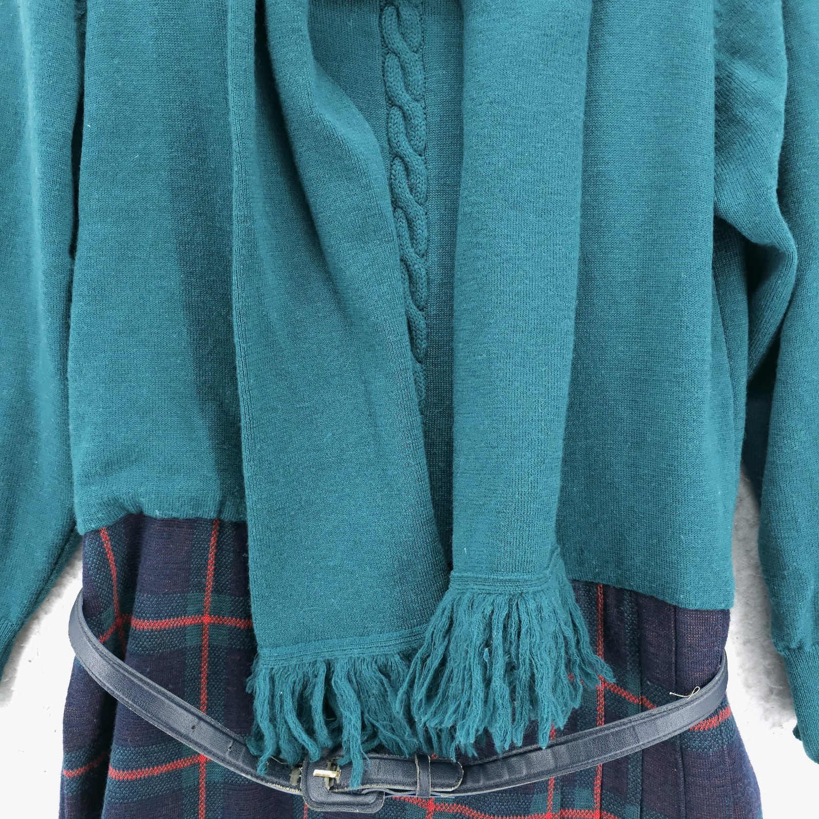 Vintage 80s Ciao Ltd 100% Pure Wool Sweater Dress Plaid Pleated Scarf Size 14