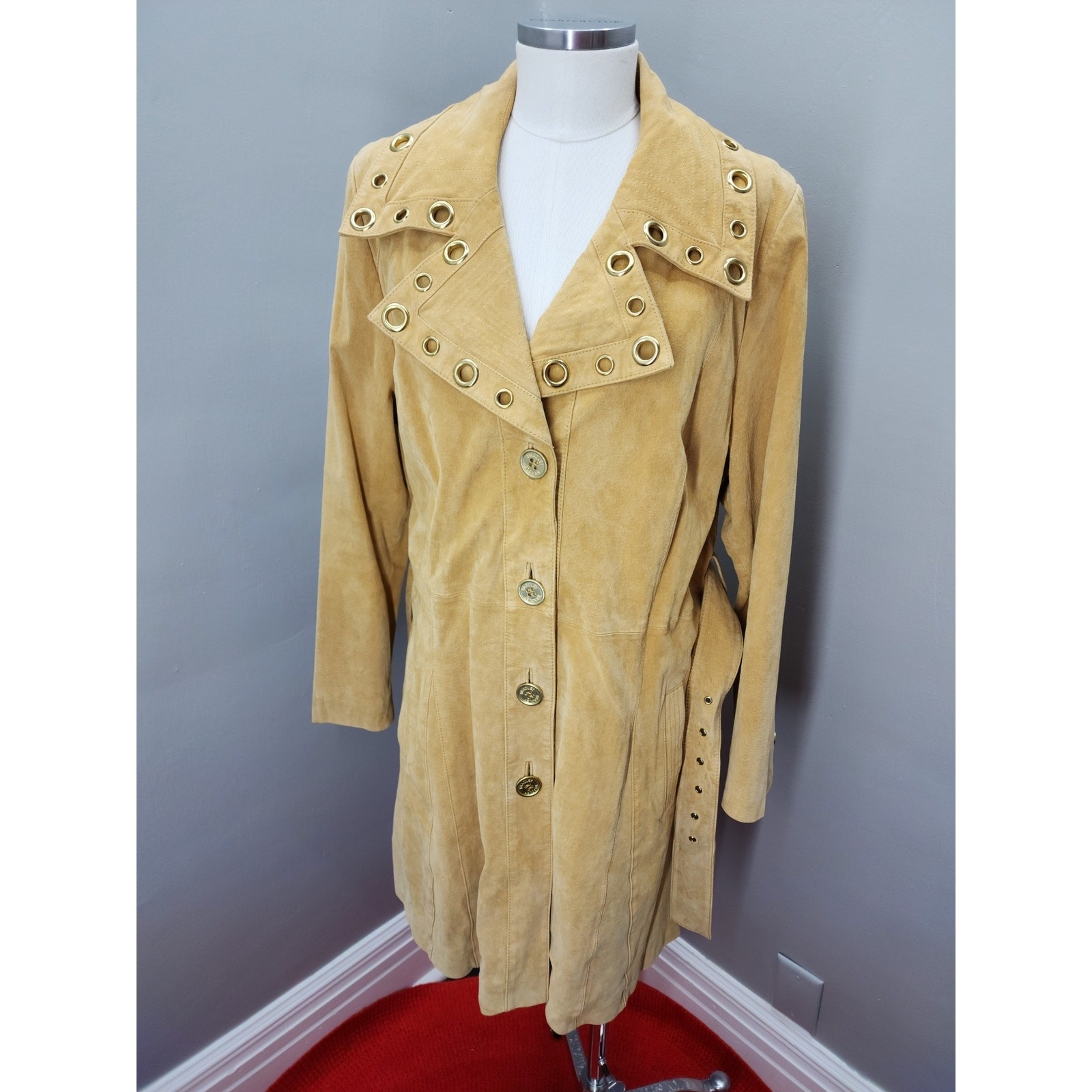 Y2K Vintage Bradley Bayou Butter Yellow Suede Trench Coat, Floral Lining – XL