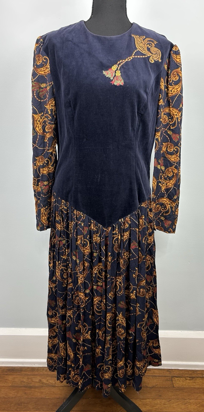 Donna Morgan Vintage Navy Velvet Paisley Midi Dress Gold Tassel 80s Size 11/12