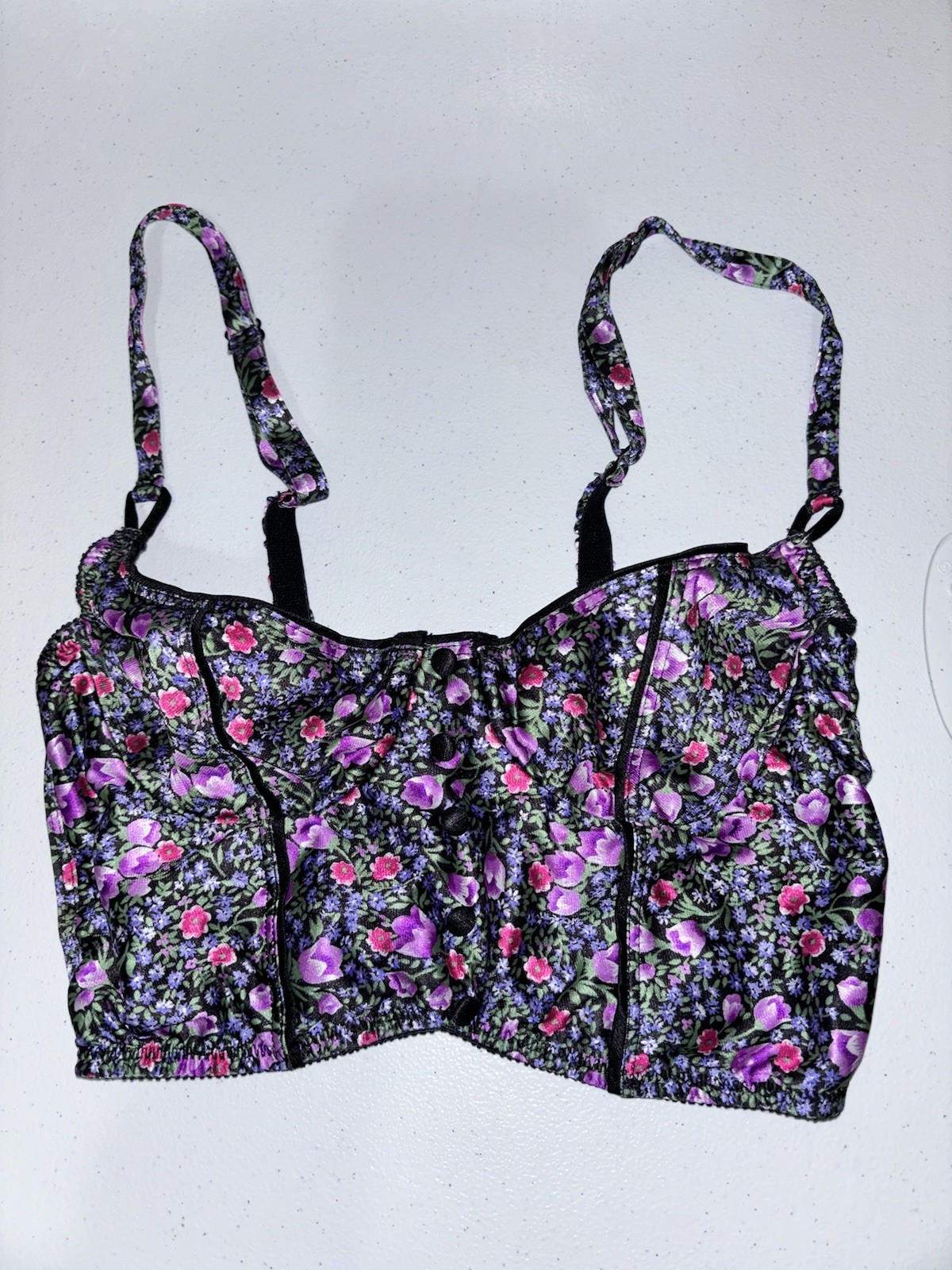 Vtg 80’s Delicates Shiny Floral Print Balconette Bustier Longline Bra SZ 32B