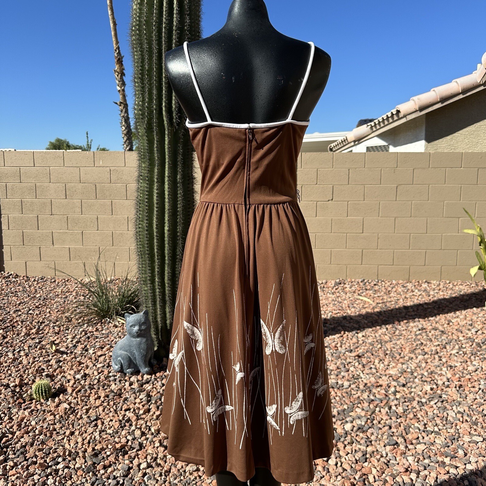 Vintage 70s Alfred Shaheen Brown Pleated Butterfly Dress Bolero Set Fits Sz 8