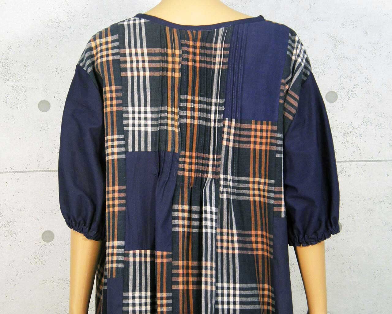 Japanese Vintage Kimono Remake Dress Cotton Indigo-dyed Round-neck Short-sleeved