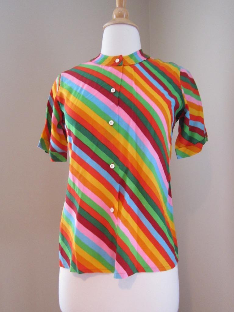 VTG 1970s VALENTINO Boutique Rainbow Stripe Silk Button Front Shirt ITALY Sz XS