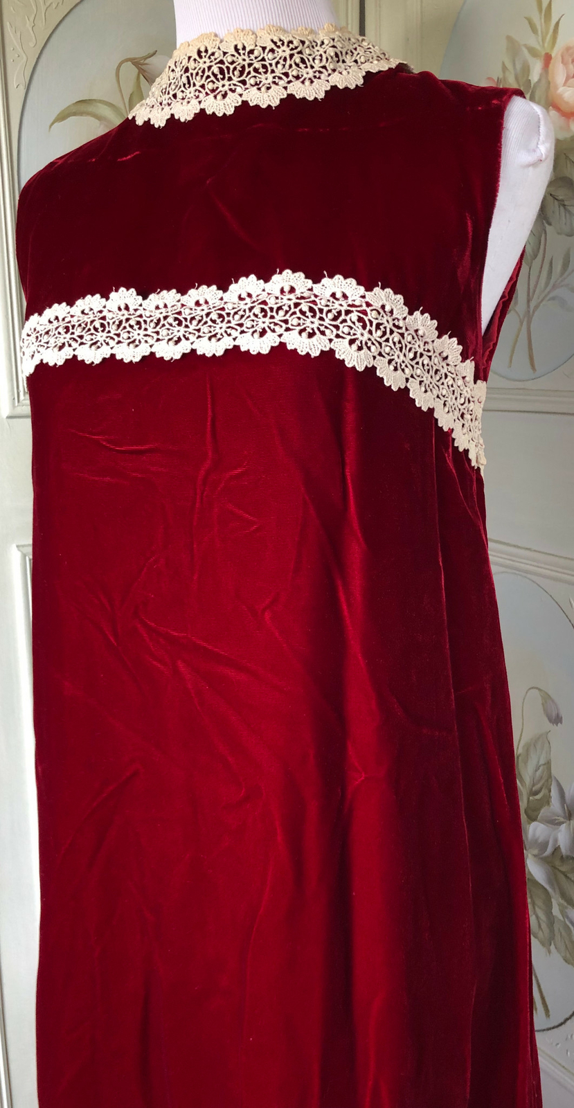 VTG 60s RUBY BLOOD RED VELVET IVORY LACE MAXI DRESS SLEEVELESS BOHO HIPPIE EUC