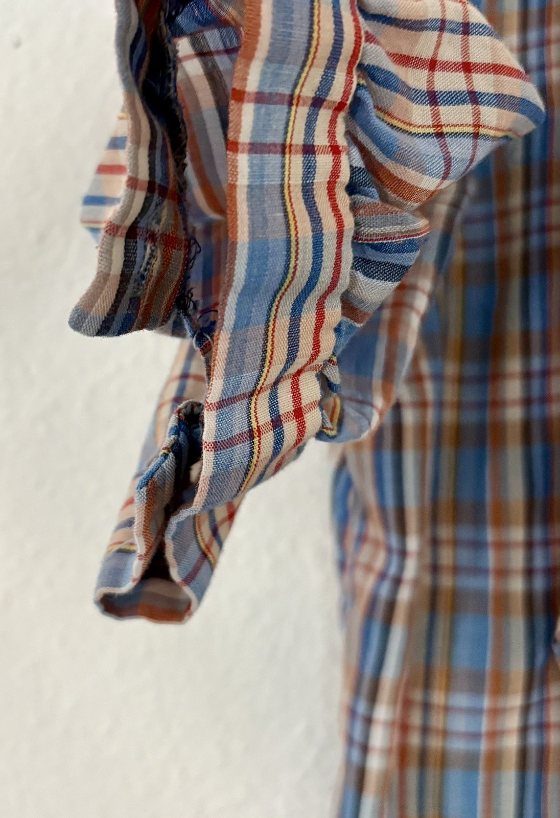 Vintage 70s Plaid Prairie Ruffle Blouse M Cottagecore Puff Sleeve Peasant Top