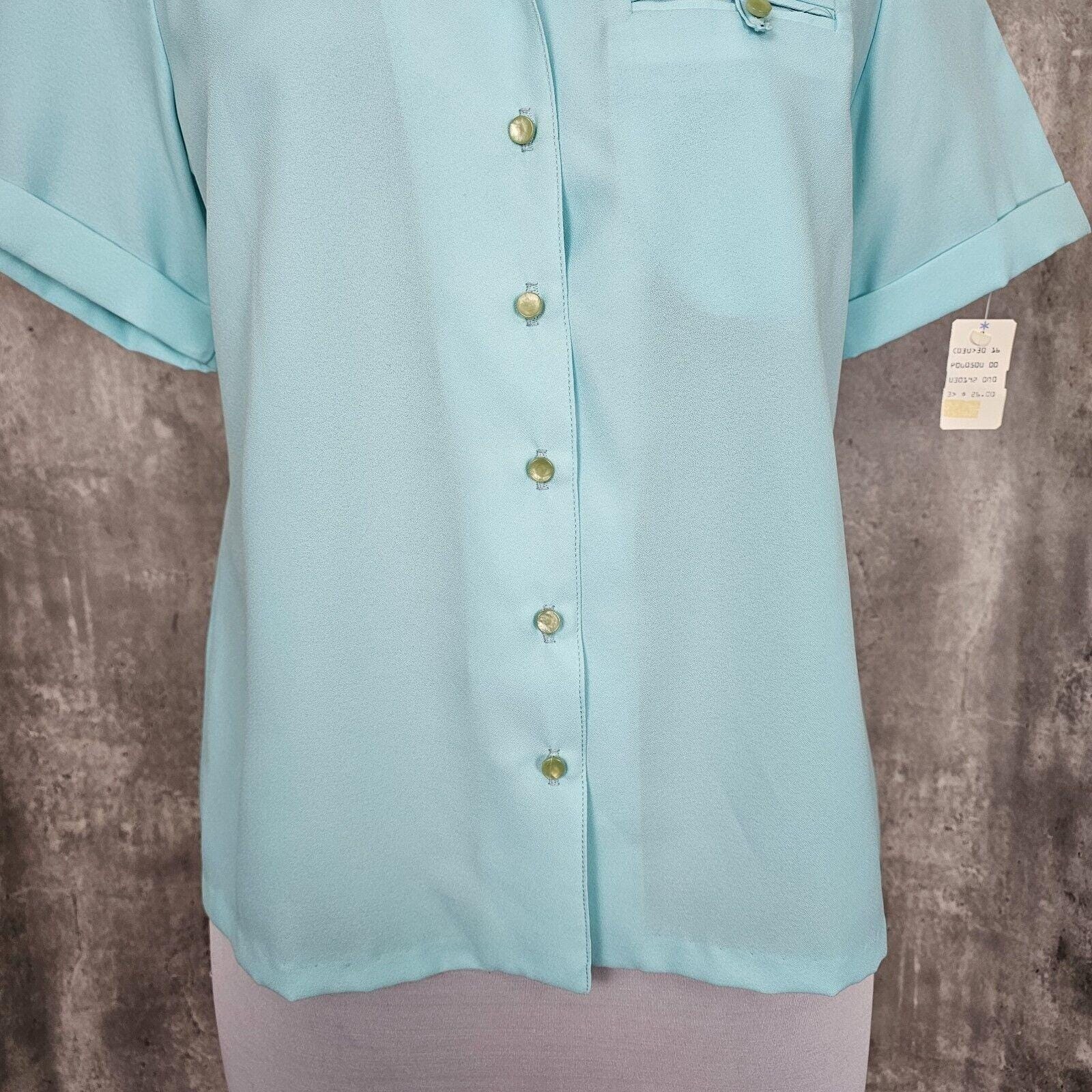 Vintage 70s 80s Its Gailord Womens 16 Turquoise Blue Textured Poly Blouse Top