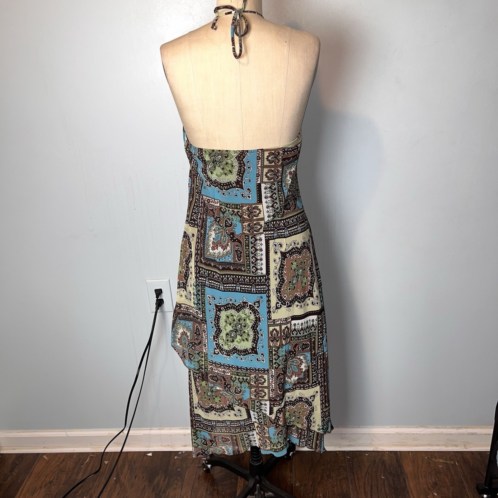 Vtg Y2K Paisley Patchwork Blue Brown Whimsy Fairy Halter Dress Asymmetric Hem 10