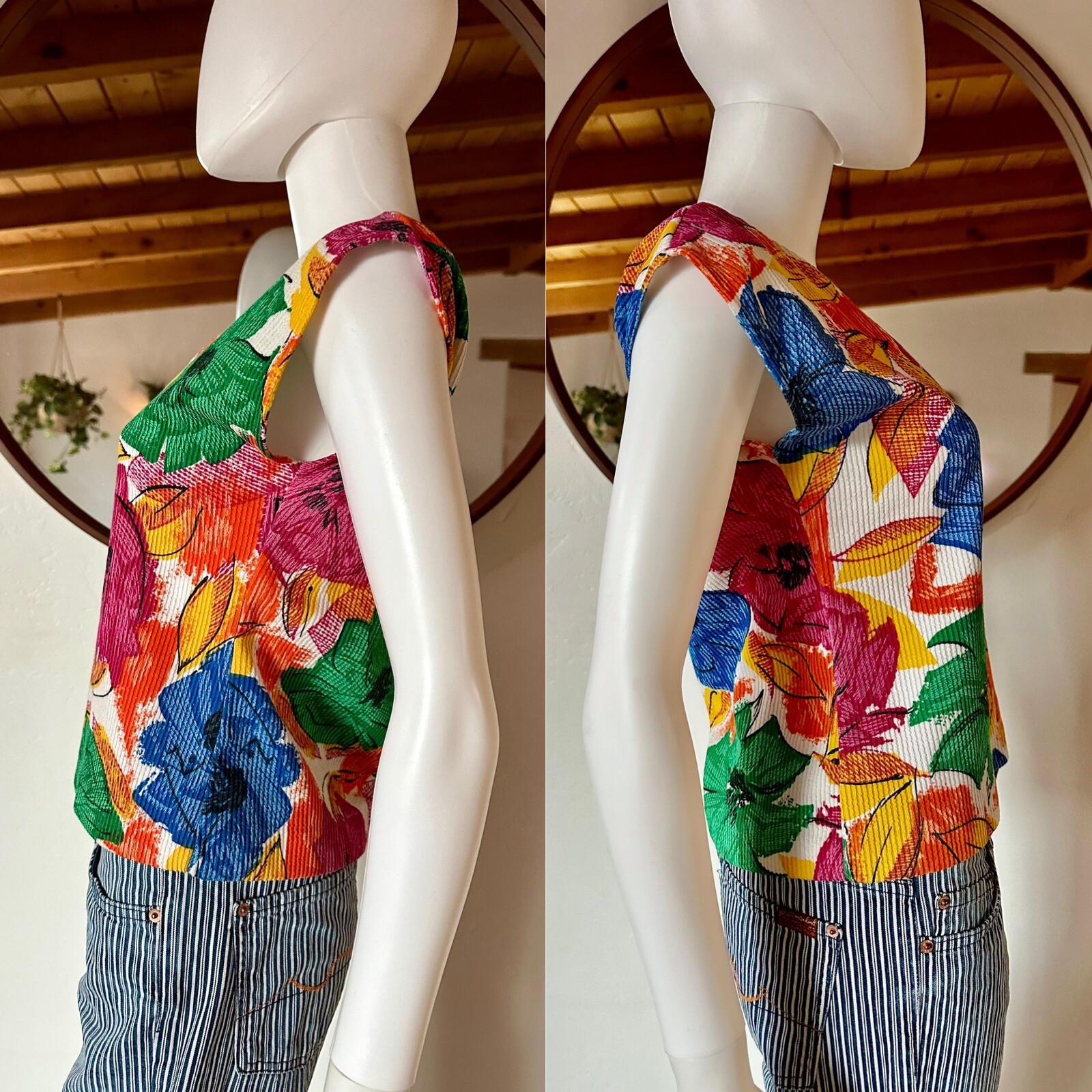 VTG 70’S IRRESISTIBLE II TROPICAL COLORFUL FLORAL PRINT CAP SLEEVE TOP S-M