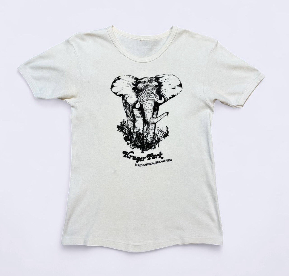 Women’s 1960’s Kruger Park South Africa Elephant Ringer T Shirt (stains) White S