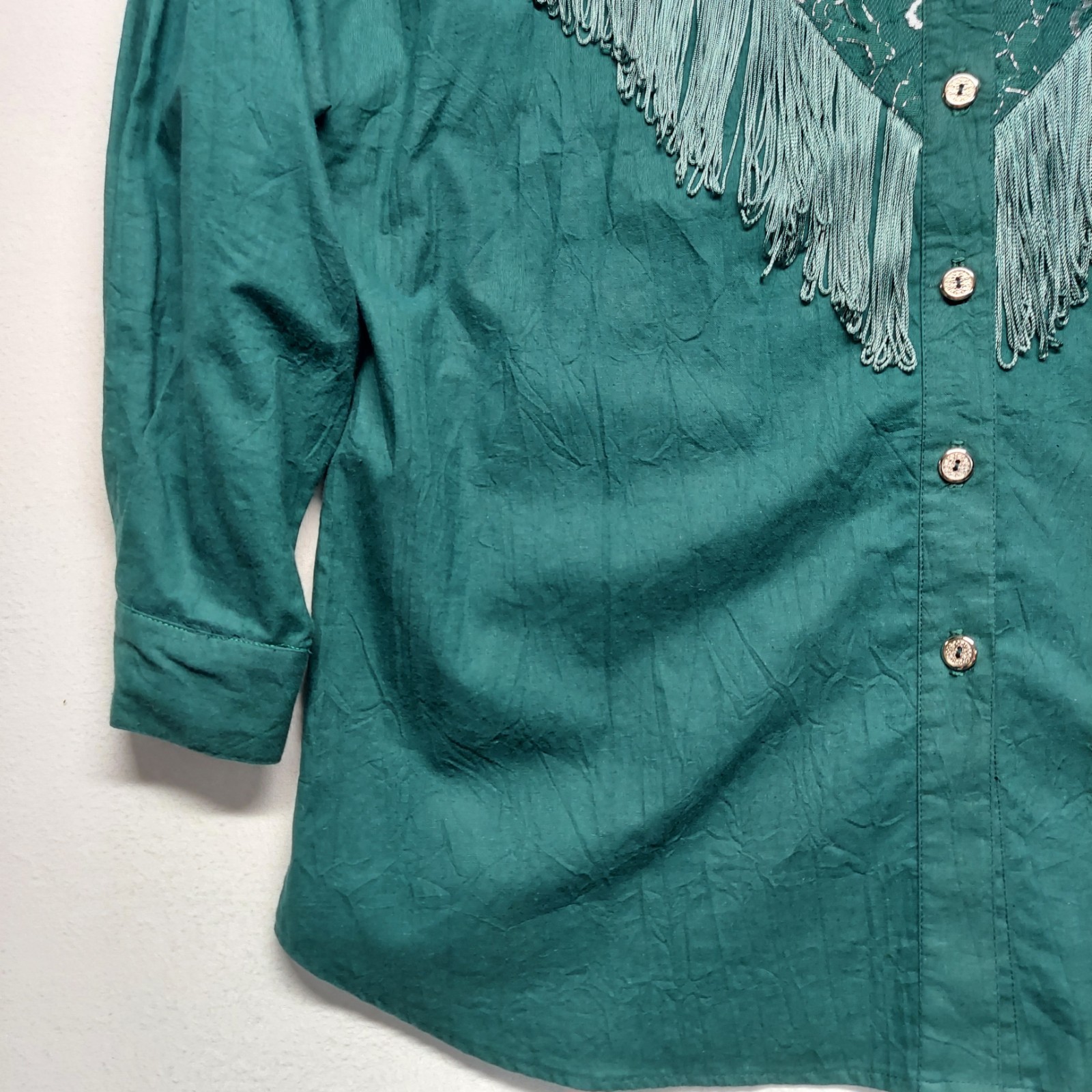 VTG 80’s Lilia Guilty Western Cowgirl Blouse XL Green Metallic Lace Fringe USA