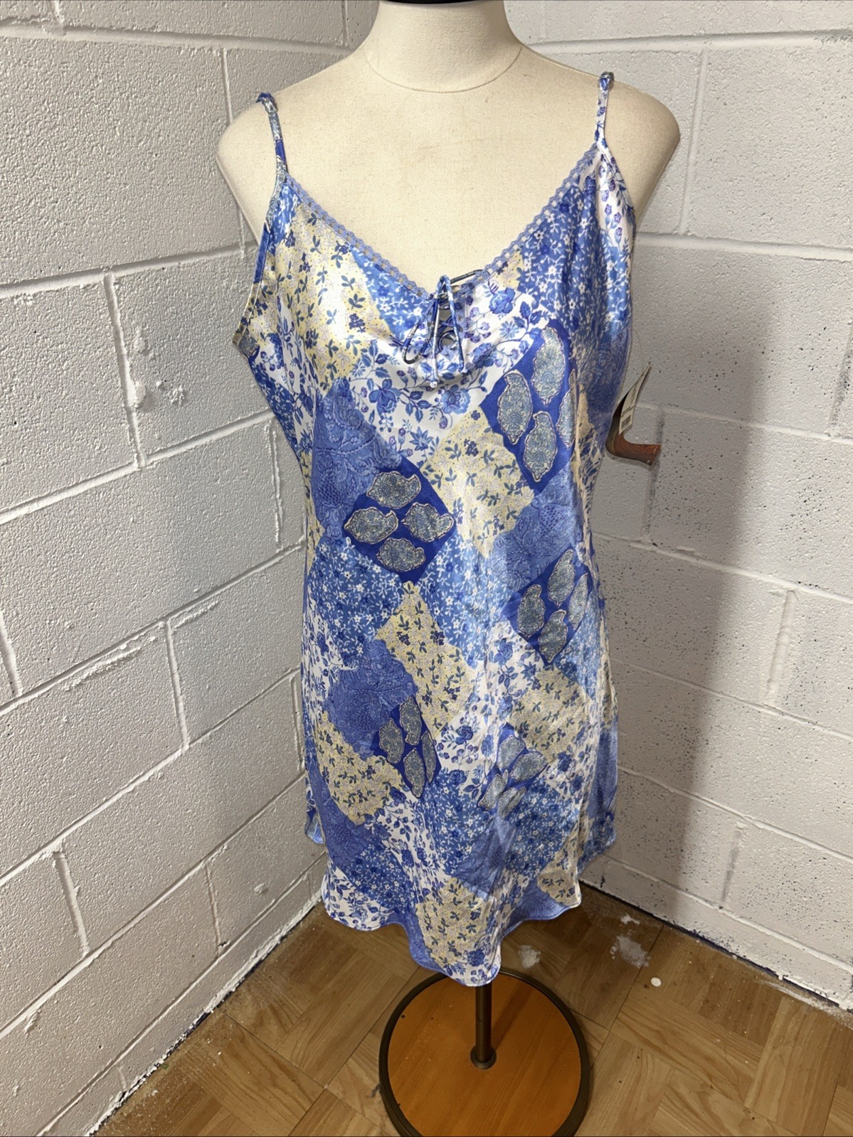 VTG Slip Dress Sophia Delicates Lg Peri Patchwork NWT Blue Nightie Crochet E2