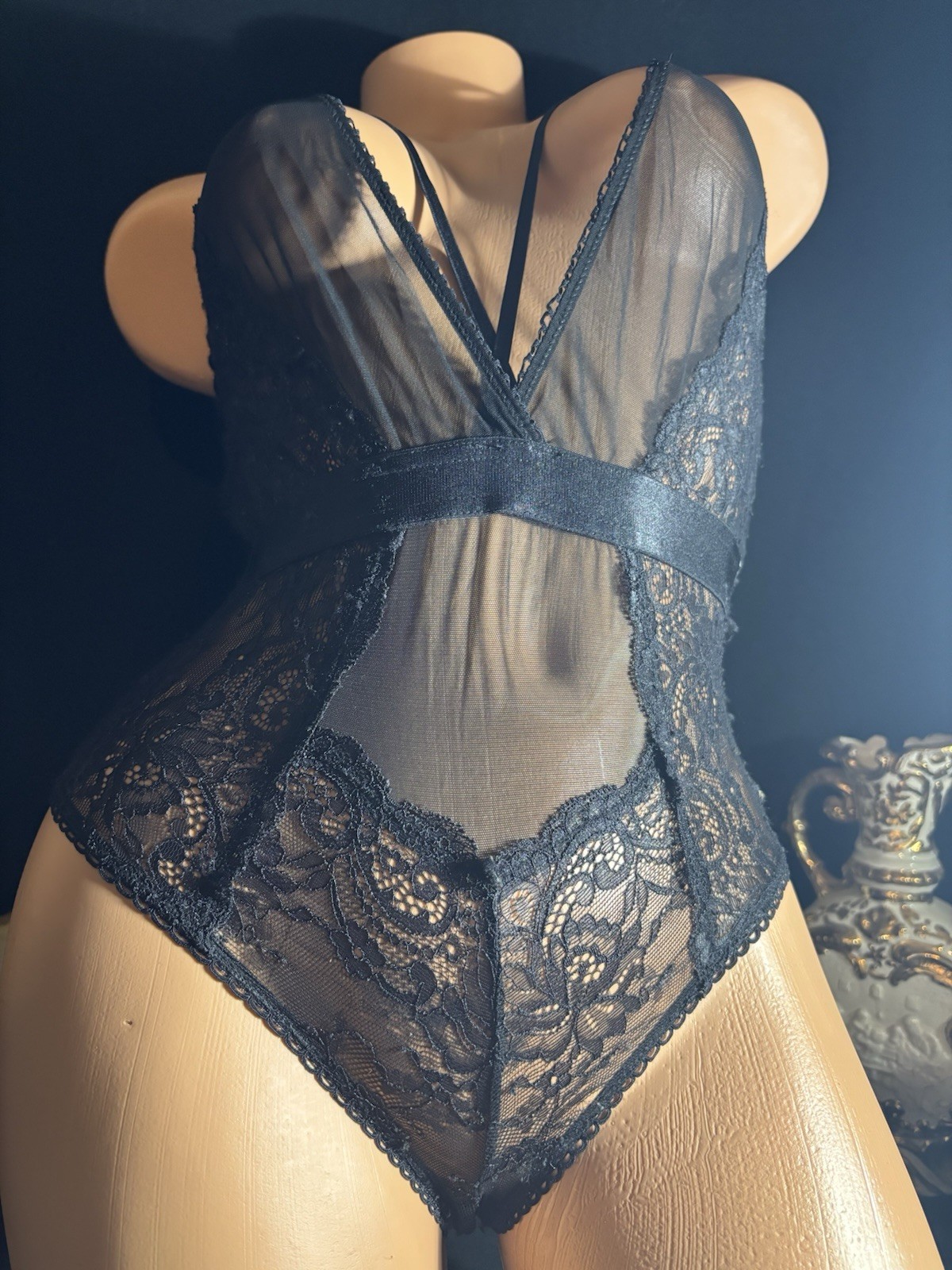 Vtg Silky Sheer Nightie CHIFFON NYLON OBG PANTIES BODYSUIT CHANTILLY LACE S