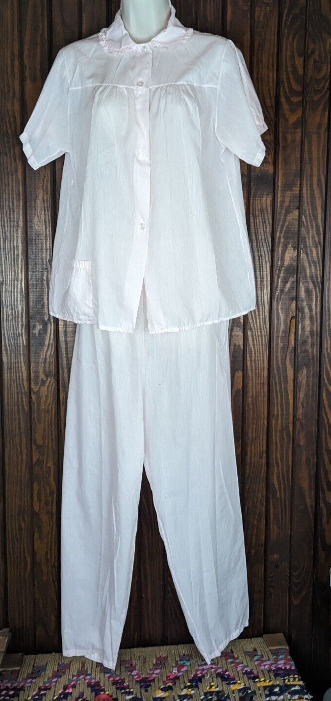 PHILMAID VTG 60s 70s 2 PC Pajamas Pink Top Pants Lace Short Sleeves Sz 36