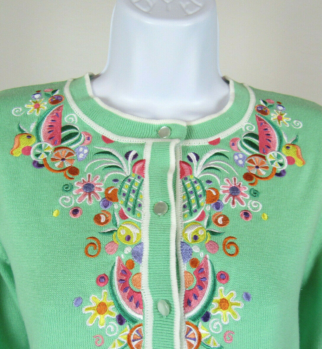 VTG 1990s BOB MACKIE WEARABLE ART MED TOP EMBROIDERY FRUIT FLOWER COTTON ACRYLIC
