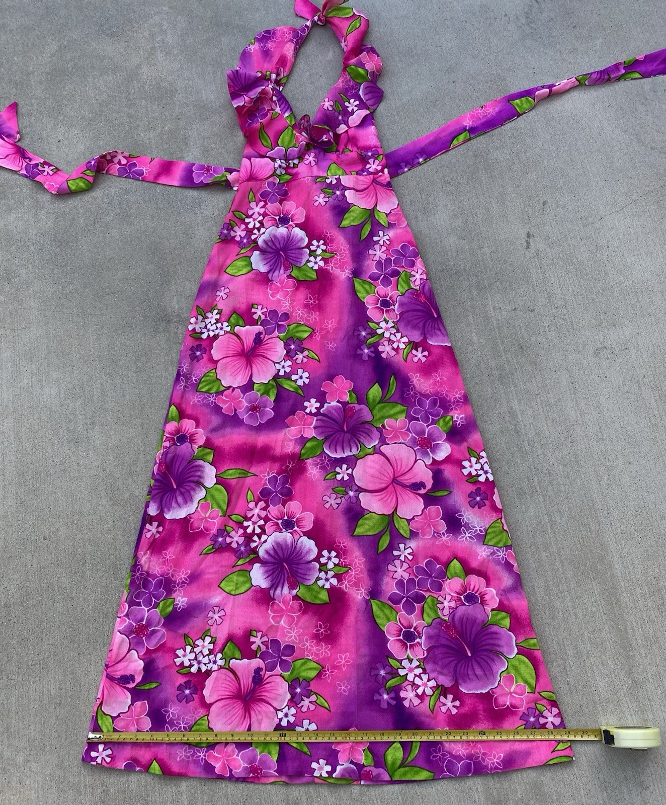 Vintage Pomare Hawaii Acrylic Hawaiian Halter Dress Ruffle Top Tiki Aloha Pink
