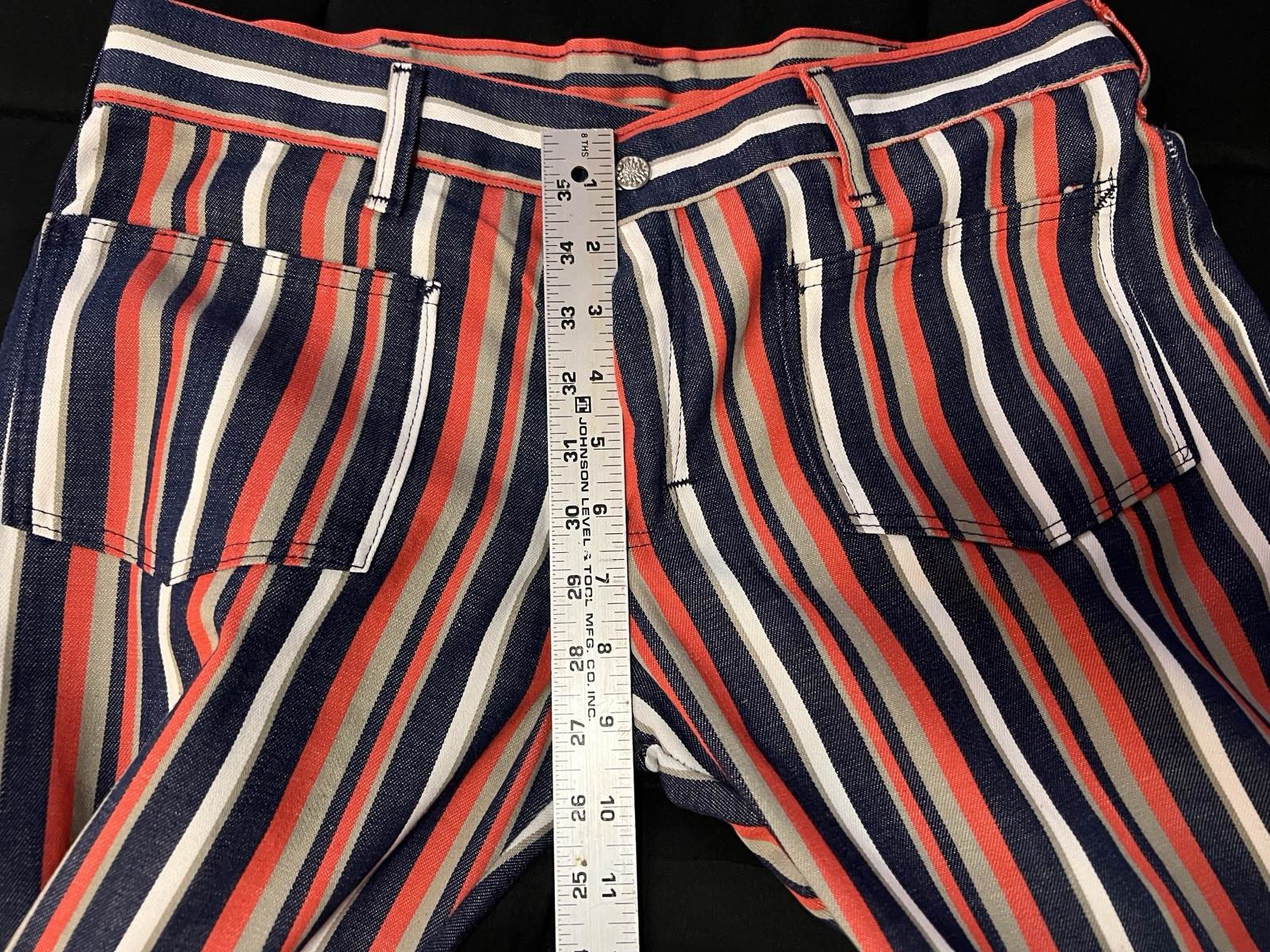 Vintage 70s Handmade Pants Black Orange & White Stripes 30×29