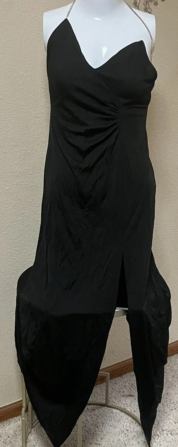VTG 80s Gown Small Backless Embellished Sleeveless Dress Rhinestone Straps Slit