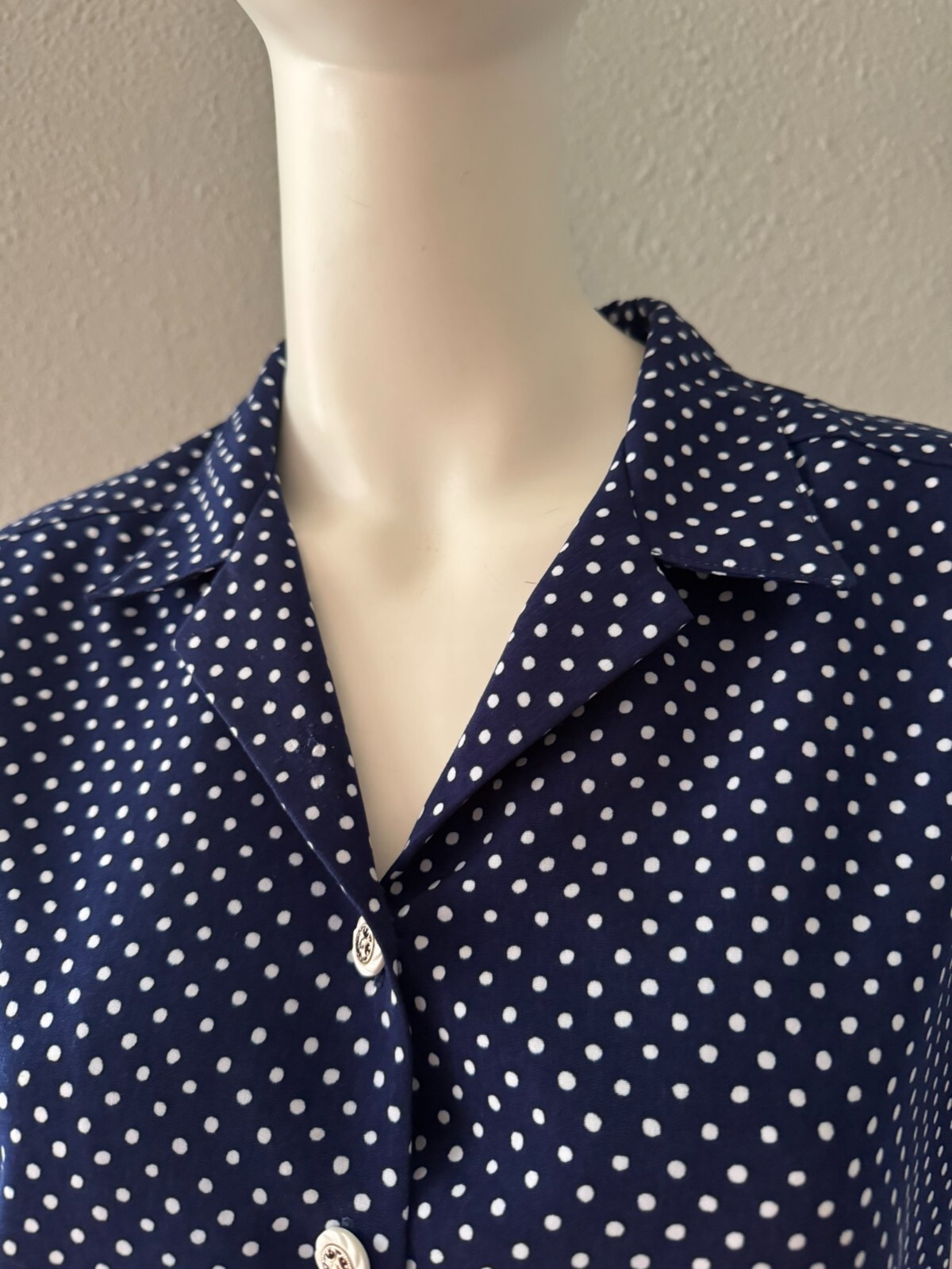 Vintage 80s Navy Blue Polka Dot Nautical Boxy Button Top Blouse M