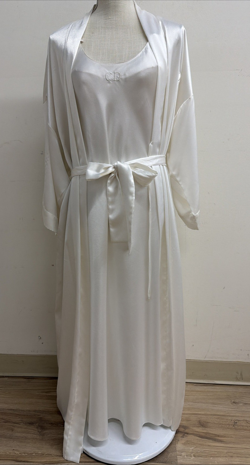 Christian Dior Vtg Maxi Nightgown Satin Slip Dress Small & Robe Small Ivory