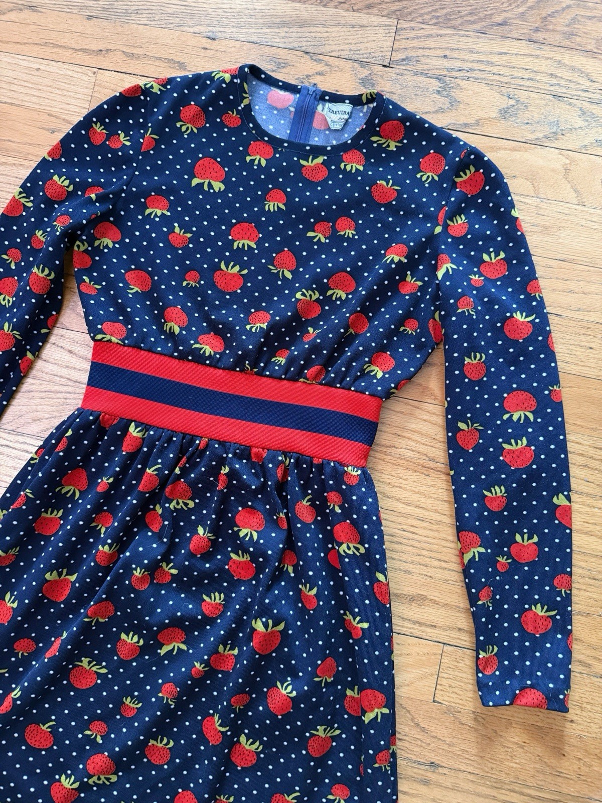 Vintage 60s 70s Strawberry Dress Polka Dot Mod Novelty Print Small Navy Red