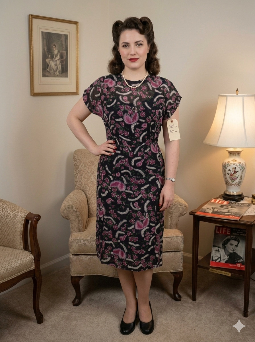VTG 1940s Feather Print Rayon Peplum Dress Hollywood Costume Collection Bust 40″