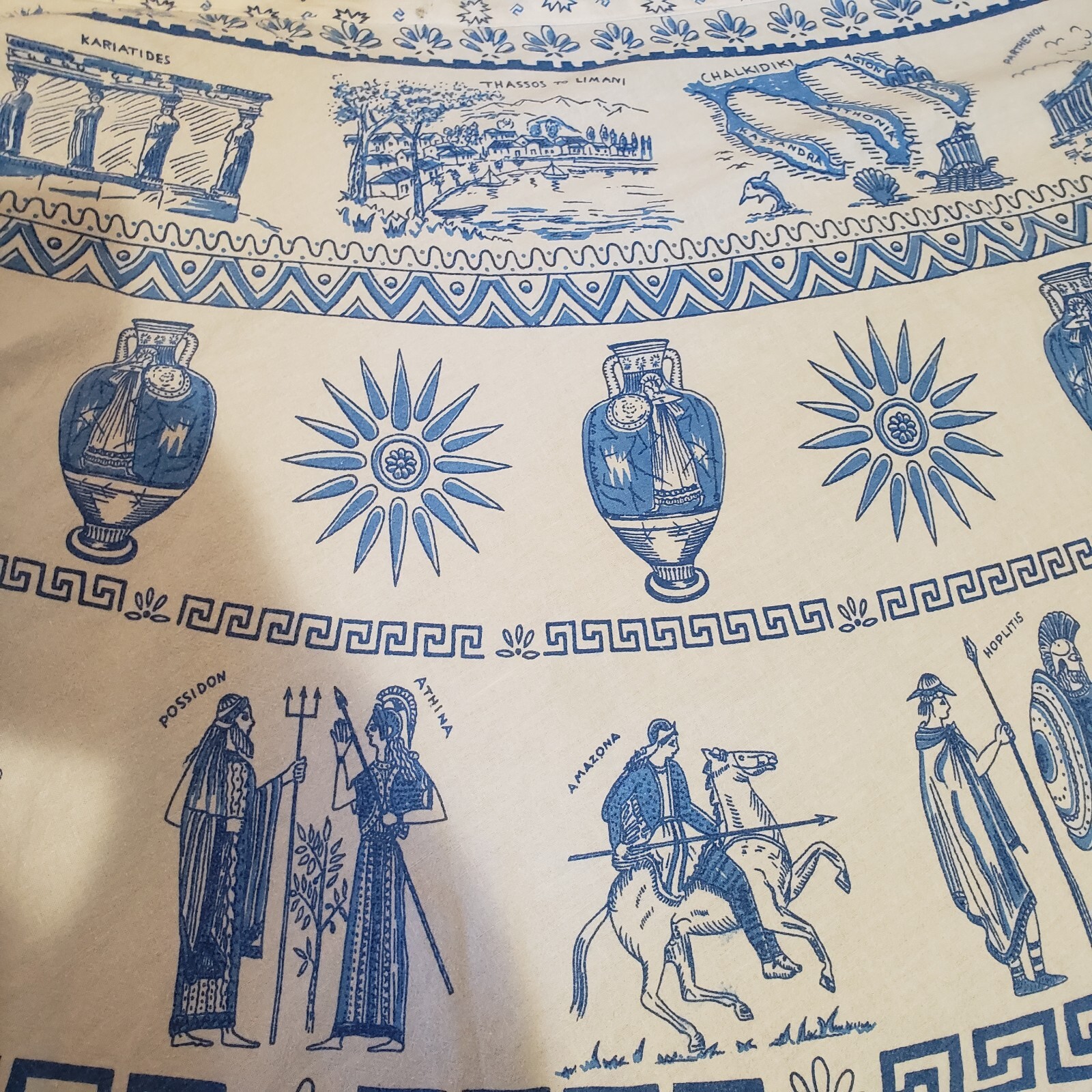 Vtg 1970s Greek Greece Novelty Wrap Skirt Blue White Cotton Size Medium
