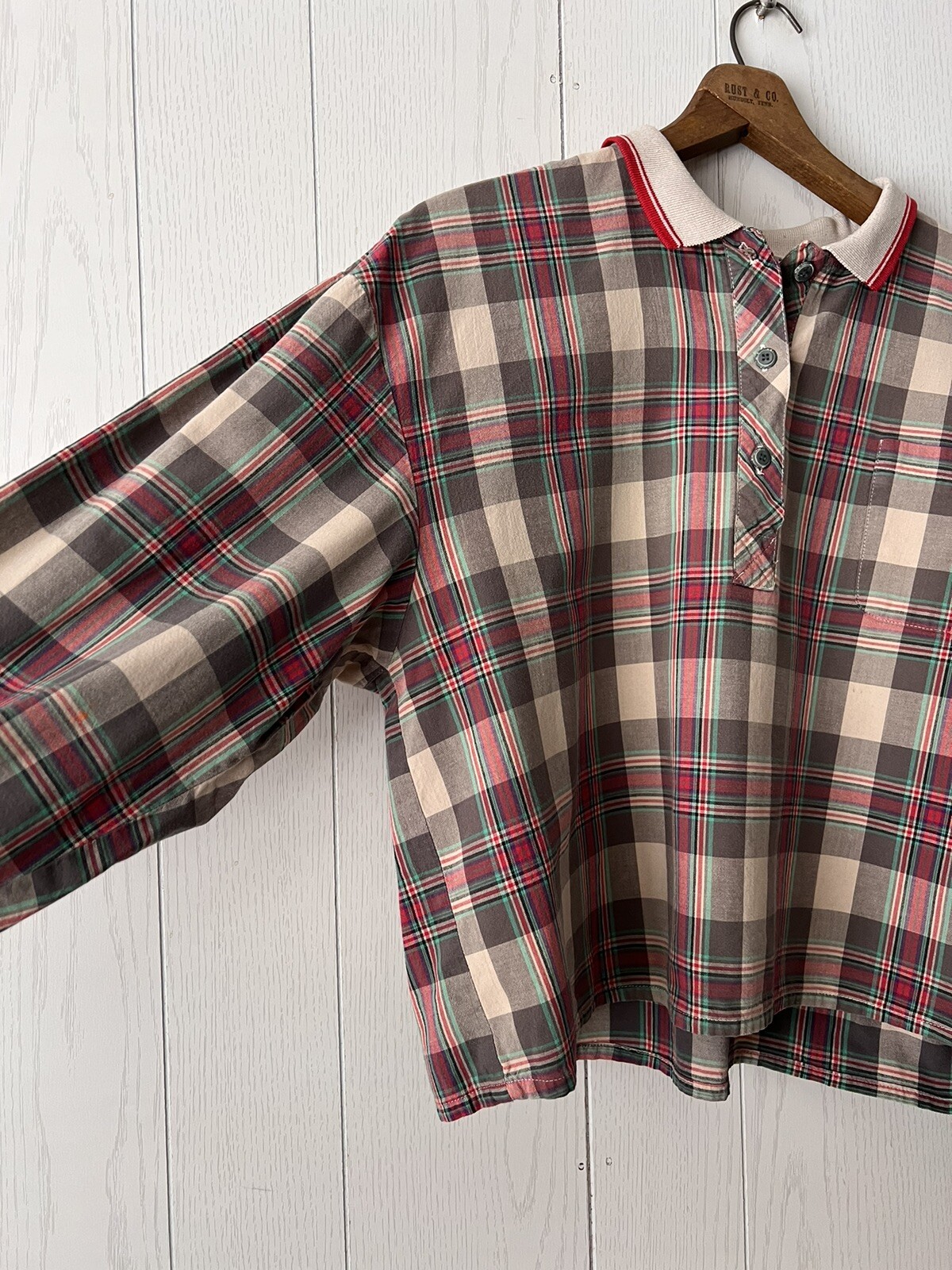 Vintage 1980’s Actif Cropped Top Blouse Shirt Balloon Sleeve Women’s Large Plaid